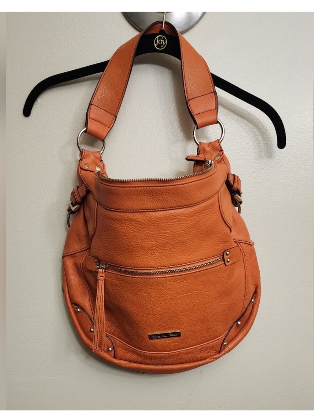 Etienne Aigner Women's Orange Pebbled Leather Shoulder Bag with Front Zip Pocket